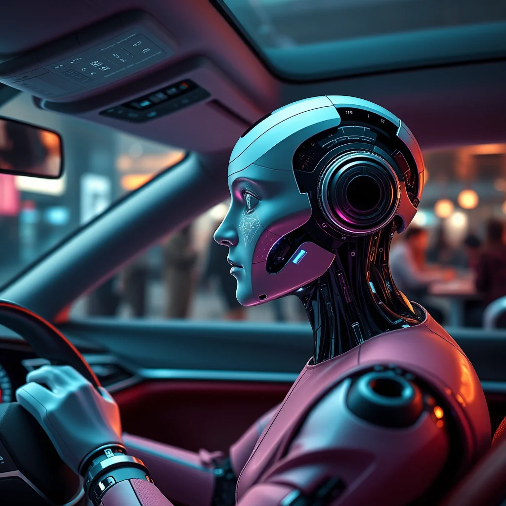 Robotka o kobiecych rysach siedzi za kierownicą samochodu, patrząc w bok.