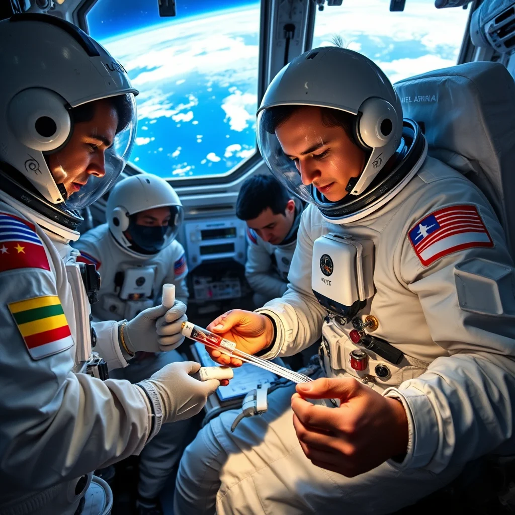 Dwóch astronautów w skafandrach kosmicznych wewnątrz kapsuły kosmicznej bada probówki z czerwonym płynem, z Ziemią widoczną przez okno w tle.