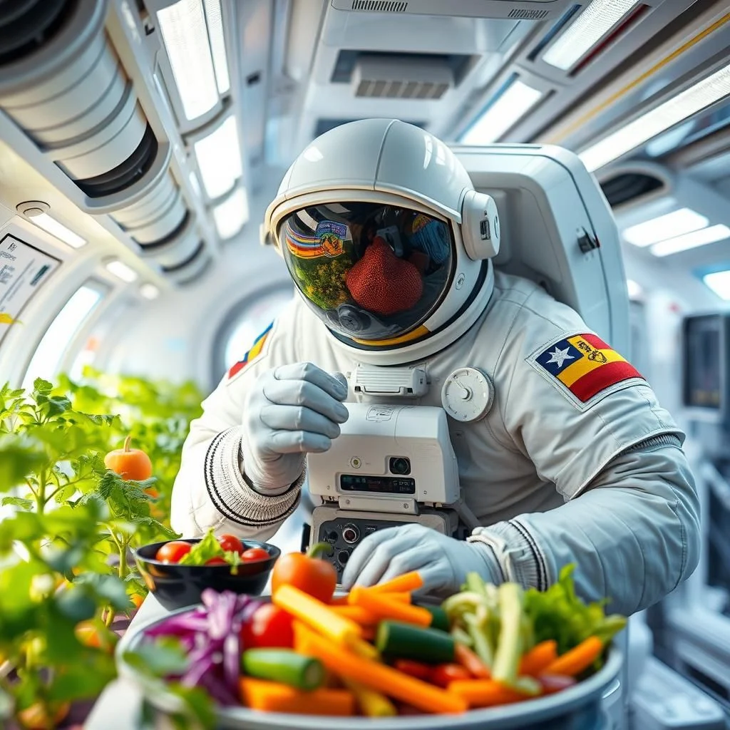 Astronauta w skafandrze kosmicznym pracuje w zielonym laboratorium kosmicznym, przygotowując świeże warzywa.