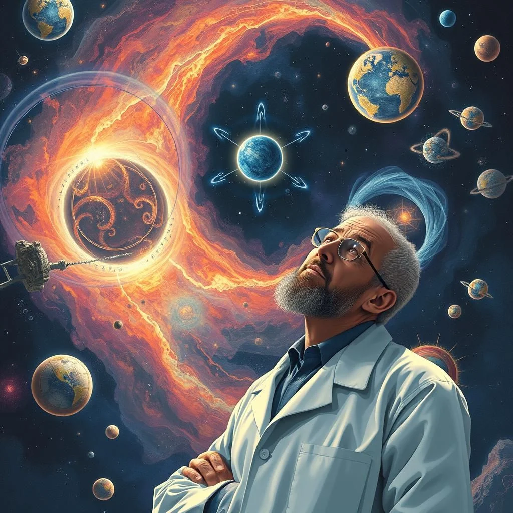 Mężczyzna w białym fartuchu naukowym w okularach patrzy w górę na kosmiczną scenę z planetami, czarną dziurą i kosmiczną mgławicą.