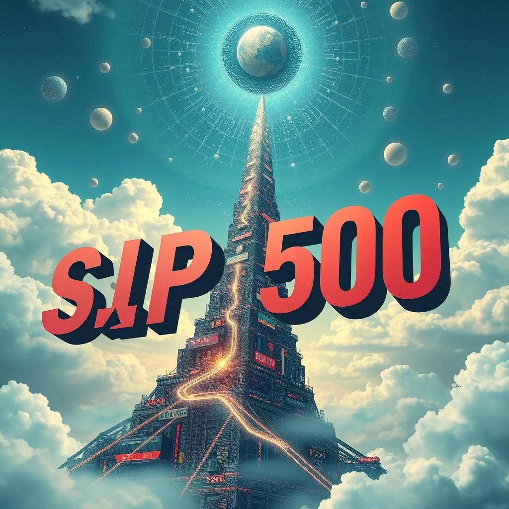 Napis "S&P 500" w kolorze czerwonym i pogrubiony, umieszczony na tle futurystycznej, przypominającej wieżę budowli, która wyrasta z chmur. Na szczycie wieży znajduje się sfera z widocznym zarysem Ziemi, otoczona świecącym halo. Wokół niej widać kilka mniejszych, odległych planet. Niebo jest niebieskie, z białymi, puszystymi chmurami.