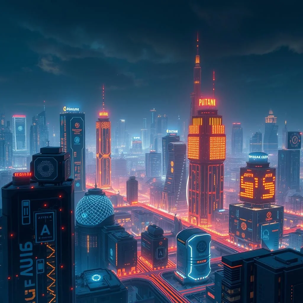 Futurystyczna miejska panorama z neonowymi światłami i drapaczami chmur.