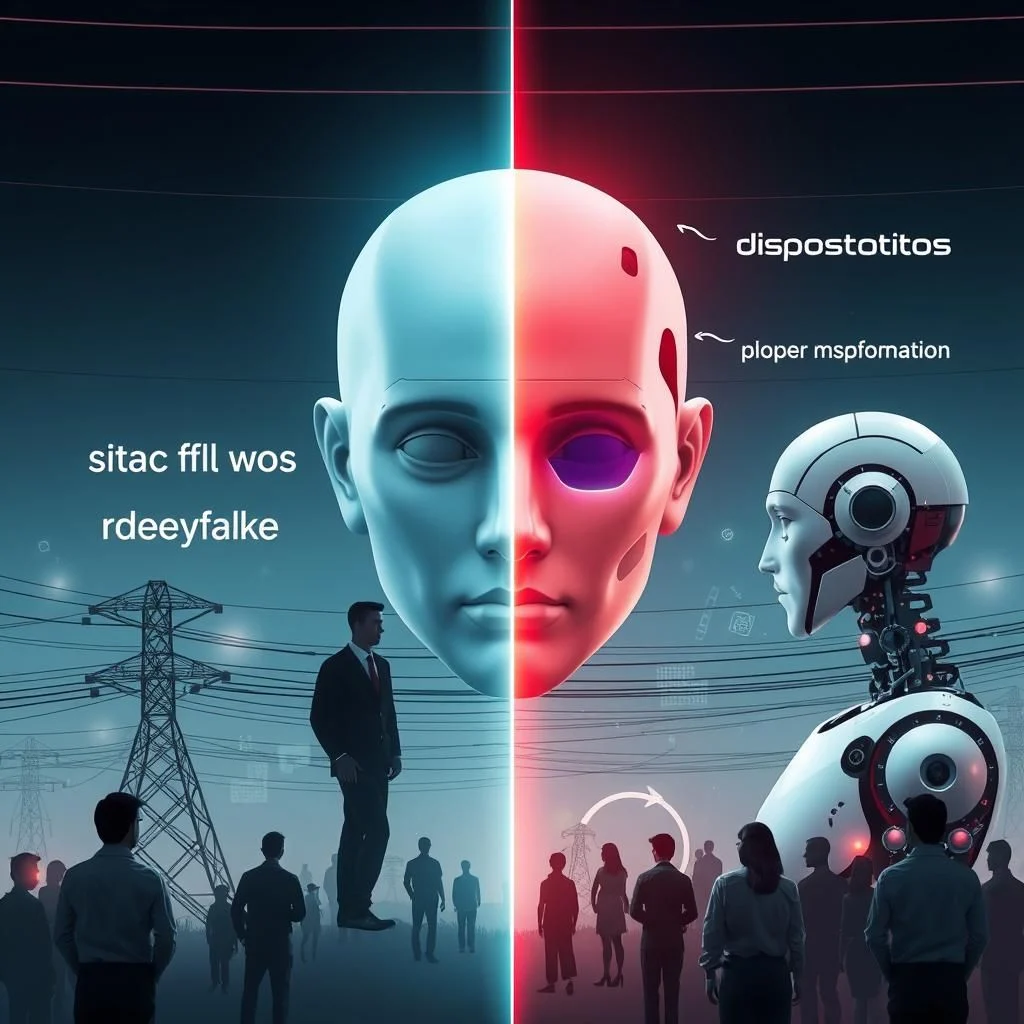 Na obrazie widzimy podzielony na dwie części obraz ludzkiej twarzy, gdzie lewa strona jest niebieska, a prawa czerwona z fioletowym okiem. Obok znajduje się robot na tle linii energetycznych i sylwetek ludzi.