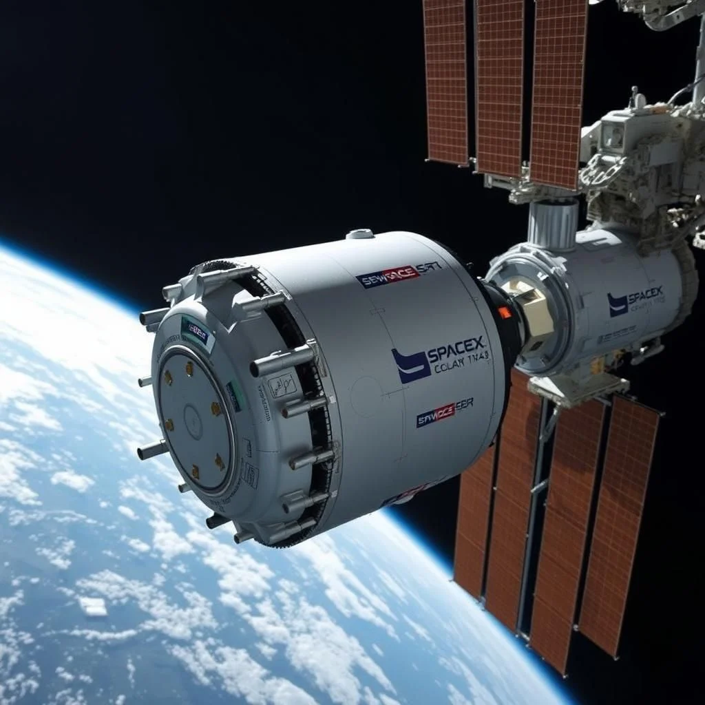 Wizualizacja statku kosmicznego SpaceX połączonego ze stacją kosmiczną, z Ziemią widoczną w tle.